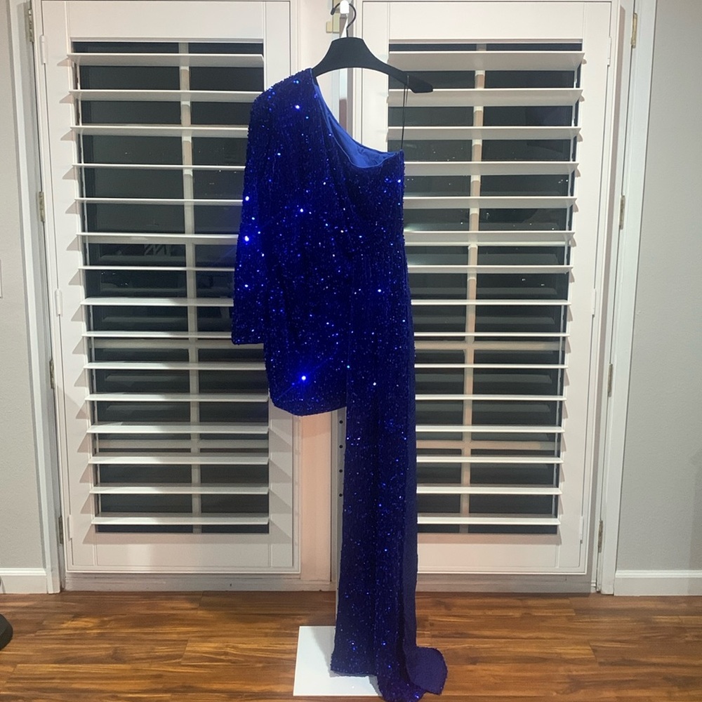 One Shoulder Blue Sequin Mini Dress with Side Drape.